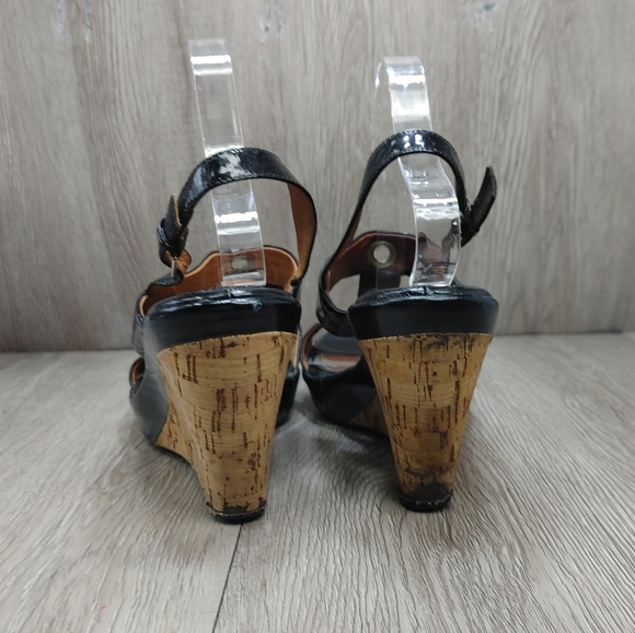 SOFFT Black Patent Leather Cork Wedge Montera Sandals T Strap Sling Back size 10 - Picture 7 of 12
